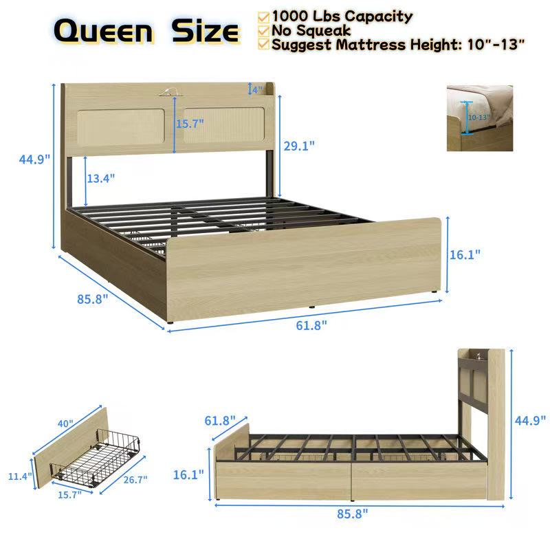 木制带抽屉Queen size 床架！