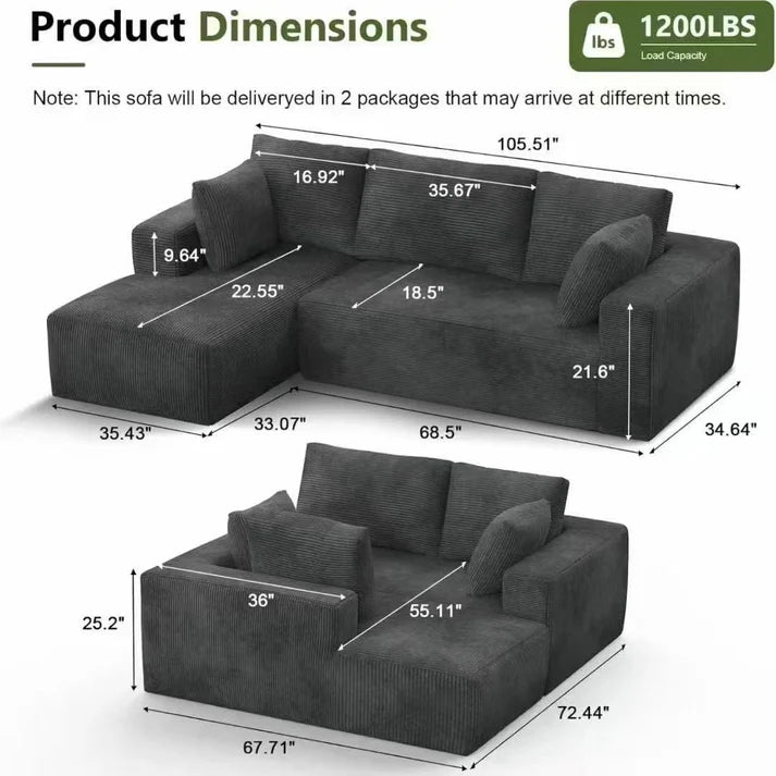 2.6m灰色灯芯绒L型沙发sofa