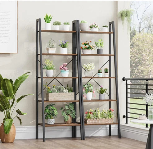 5-Tier Ladder Shelf, Ladder Bookshelf Bookcase with Metal Frame cabinet