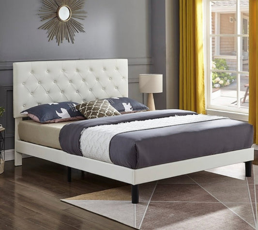 White PU Bed with Button Tufting