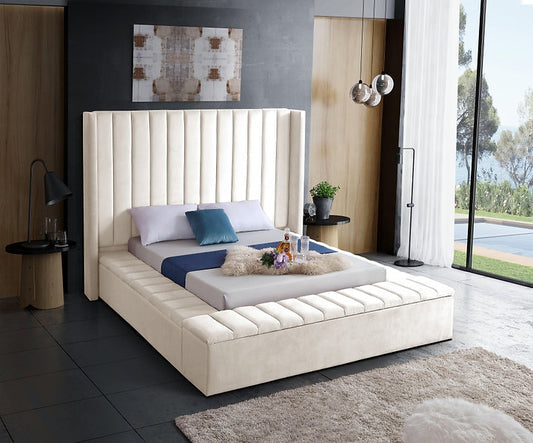 Creme Velvet Fabric Bed with channel tufting and 3 Storage Benches